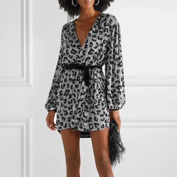 Retrofete Gabrielle Sequin Robe Wrap Silver Leopard Mini Dress NWT Size Medium - Picture 4 of 15